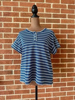 Madewell Blue and White Striped Henley Short-Sleeve Top